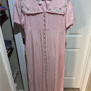 Vintage 1980s Karin Stevens Pink Maxi Dress | Cottagecore | Beaded rayon